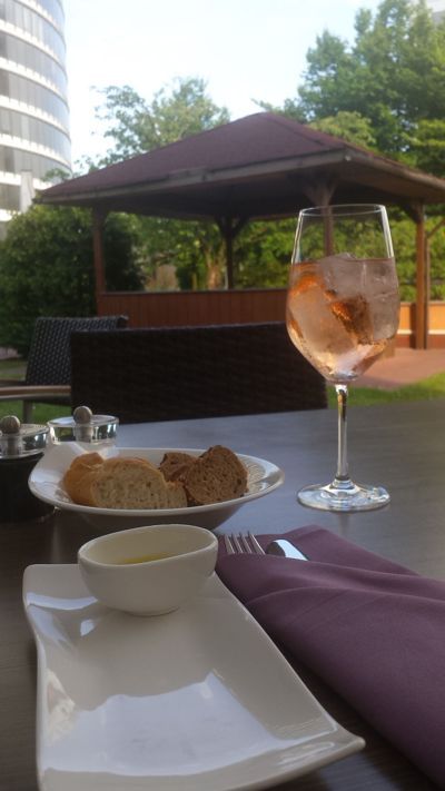 Radisson Blu Scandinavia - Glass vin og tilbys appetittvekkere på terrassen